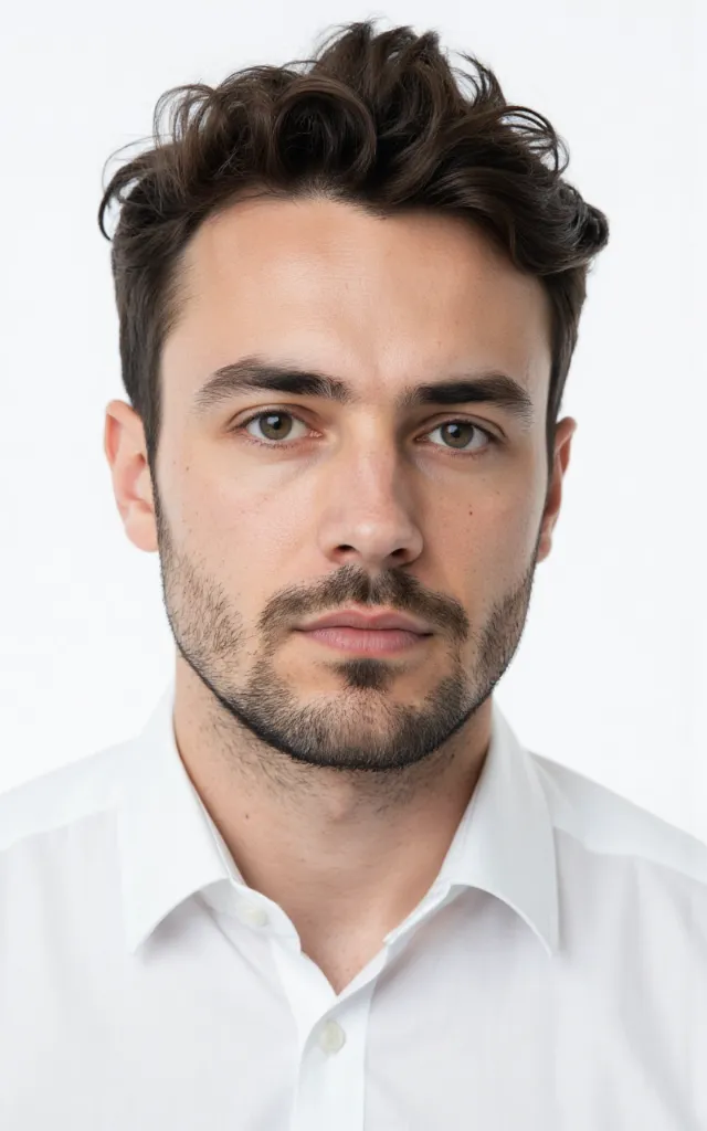 A French male model with Stubble, wearing a shirt, against a white background, in a front   facing bust portrait